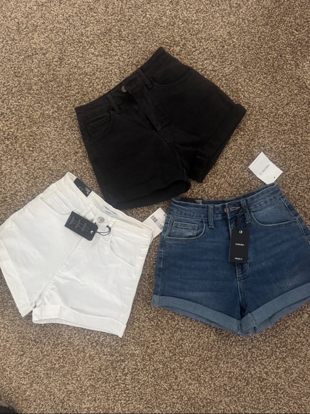 Forever 21 High-Waist Cuffed Denim Shorts — Black, white, dark denim